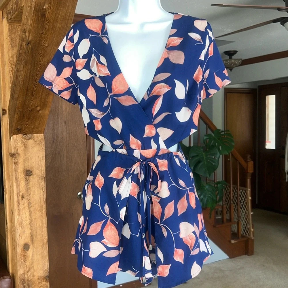 Blue Faith & Asher Romper | Side Cut Outs | Faux Wrap Skirt Sz Small